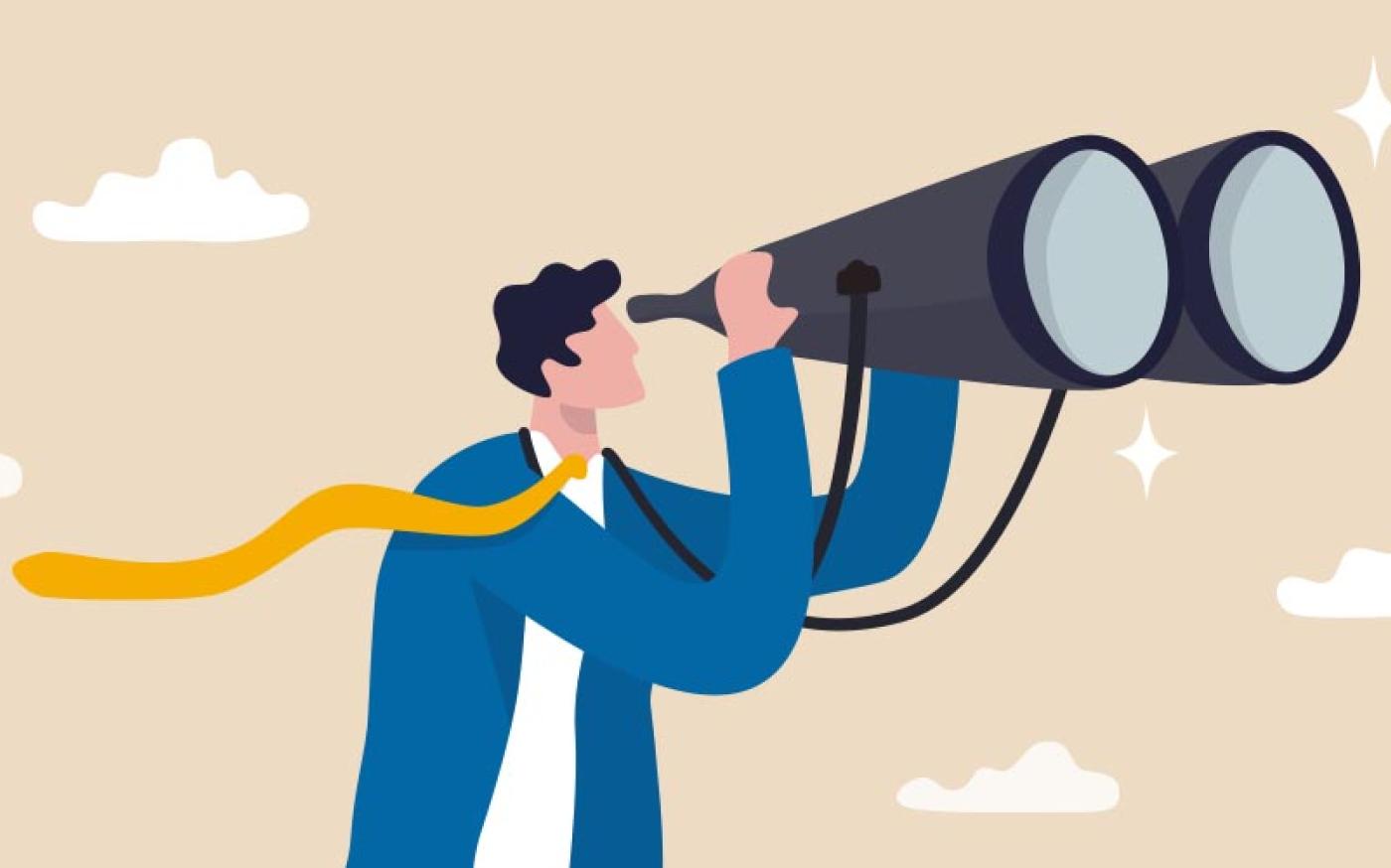 Digital art image of a business person looking through a large set of binoculars.